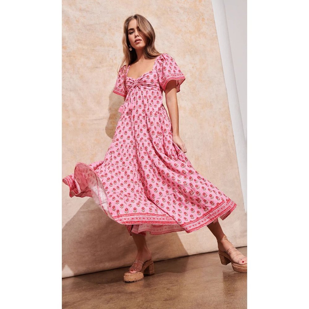 Saylor Anthropologie Adeena Maxi Dress Floral Printed Ruched Pink XS New